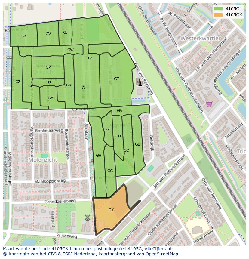 Afbeelding van het postcodegebied 4105 GK op de kaart.