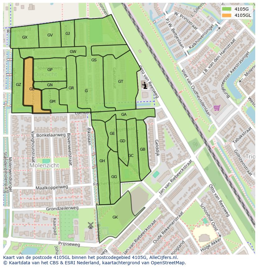 Afbeelding van het postcodegebied 4105 GL op de kaart.