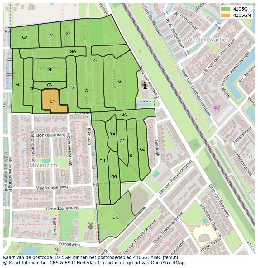 Afbeelding van het postcodegebied 4105 GM op de kaart.