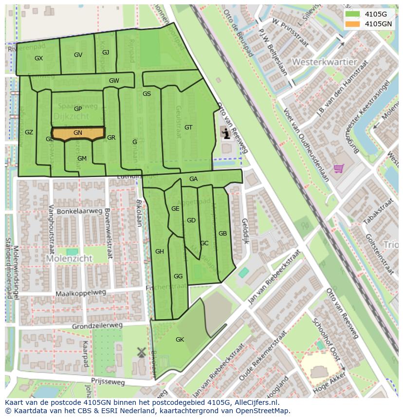 Afbeelding van het postcodegebied 4105 GN op de kaart.