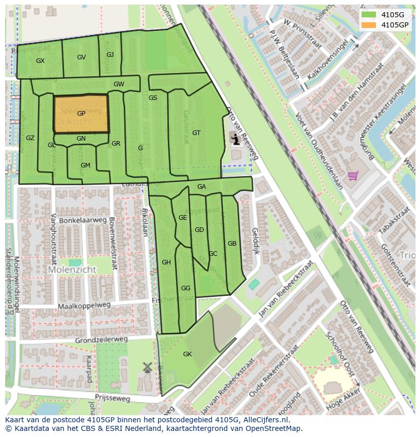 Afbeelding van het postcodegebied 4105 GP op de kaart.