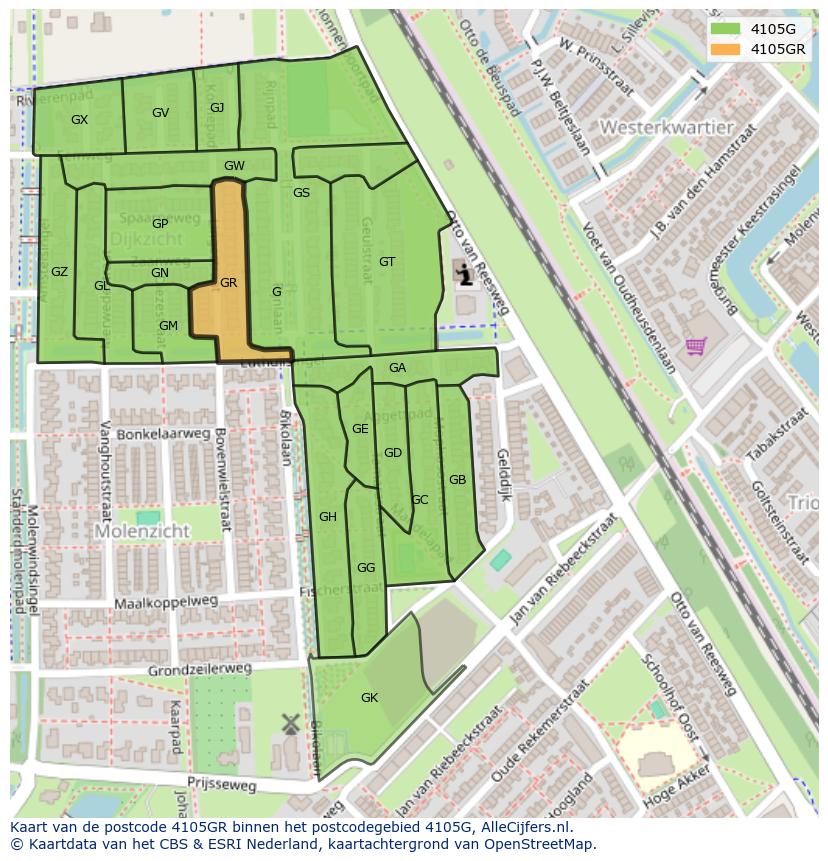 Afbeelding van het postcodegebied 4105 GR op de kaart.