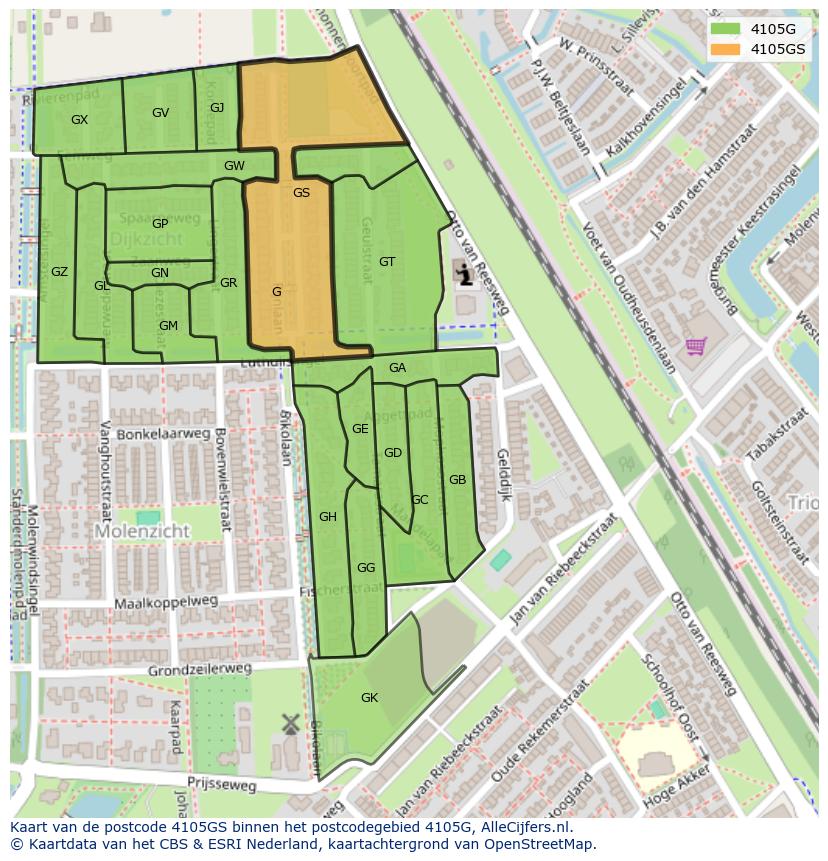 Afbeelding van het postcodegebied 4105 GS op de kaart.