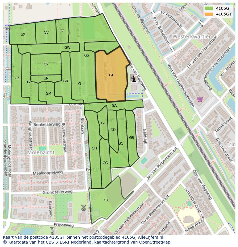 Afbeelding van het postcodegebied 4105 GT op de kaart.