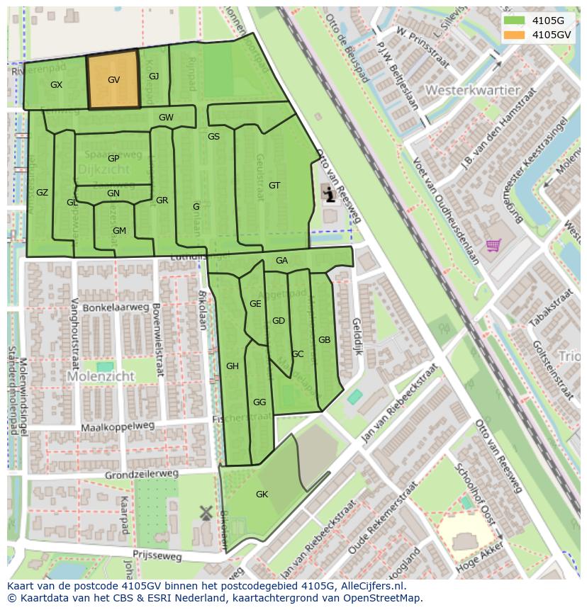 Afbeelding van het postcodegebied 4105 GV op de kaart.