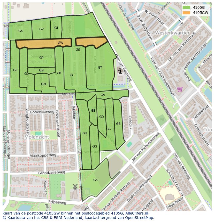 Afbeelding van het postcodegebied 4105 GW op de kaart.
