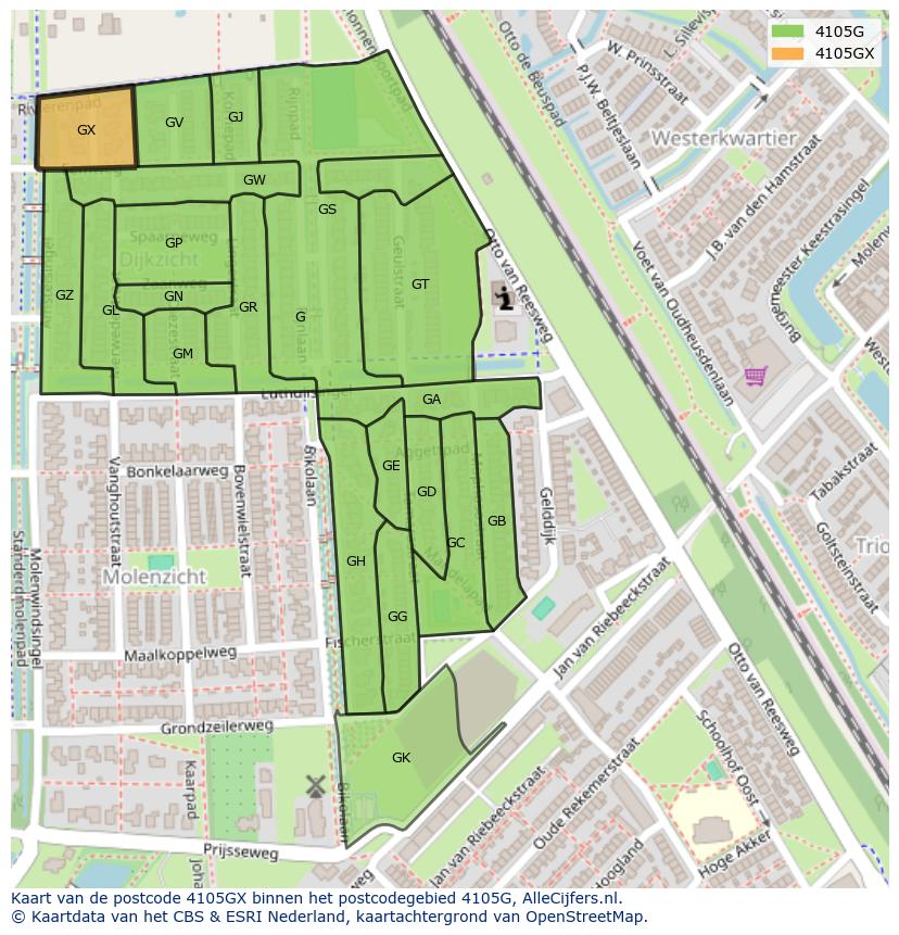 Afbeelding van het postcodegebied 4105 GX op de kaart.