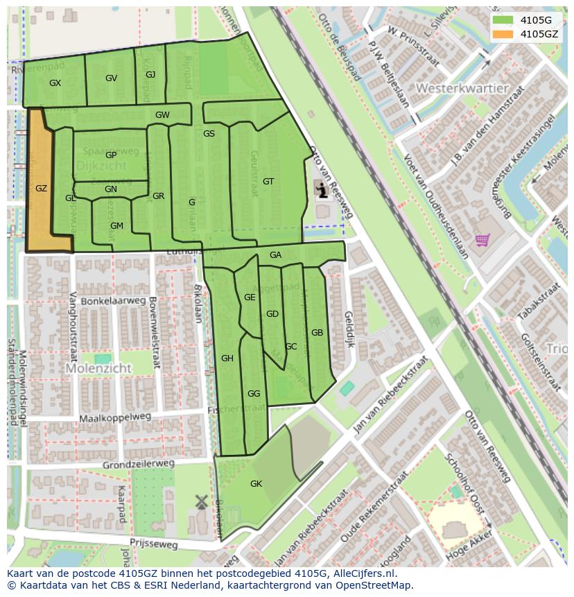Afbeelding van het postcodegebied 4105 GZ op de kaart.