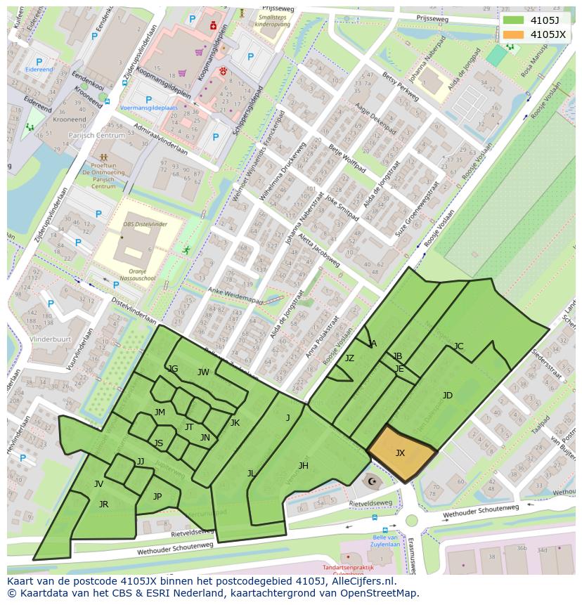 Afbeelding van het postcodegebied 4105 JX op de kaart.