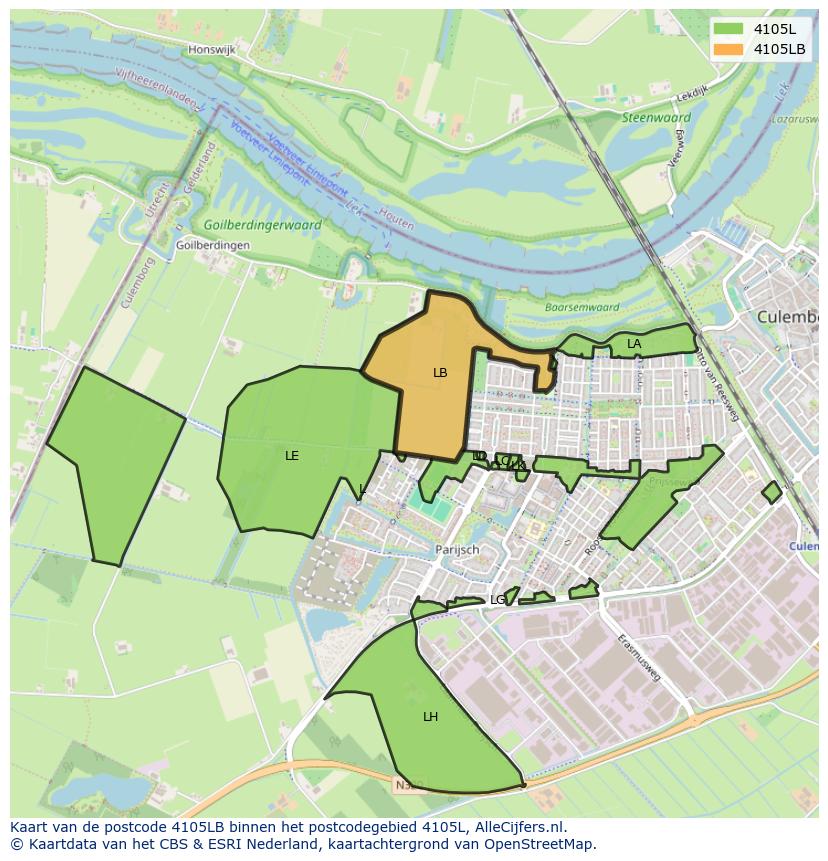 Afbeelding van het postcodegebied 4105 LB op de kaart.