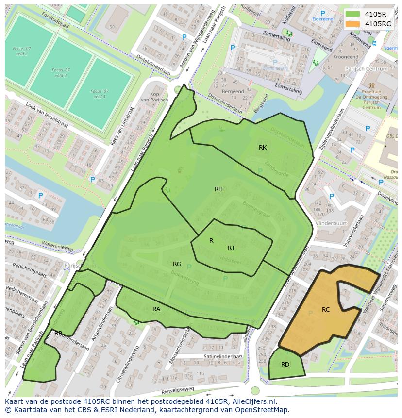 Afbeelding van het postcodegebied 4105 RC op de kaart.