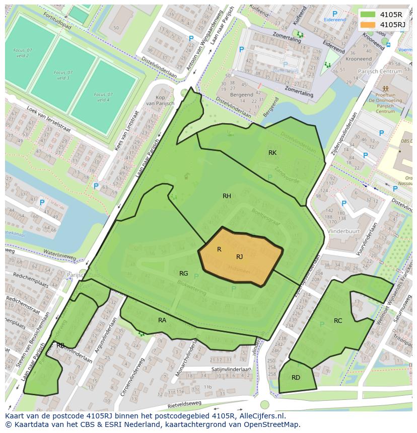 Afbeelding van het postcodegebied 4105 RJ op de kaart.