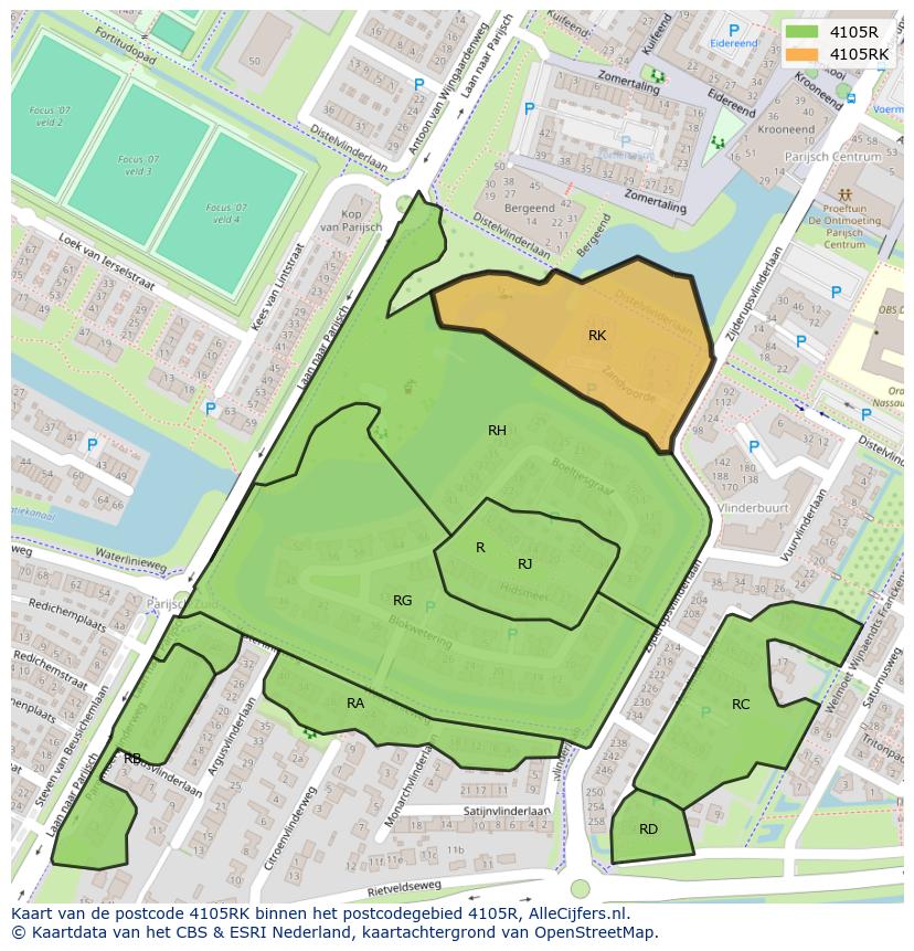 Afbeelding van het postcodegebied 4105 RK op de kaart.