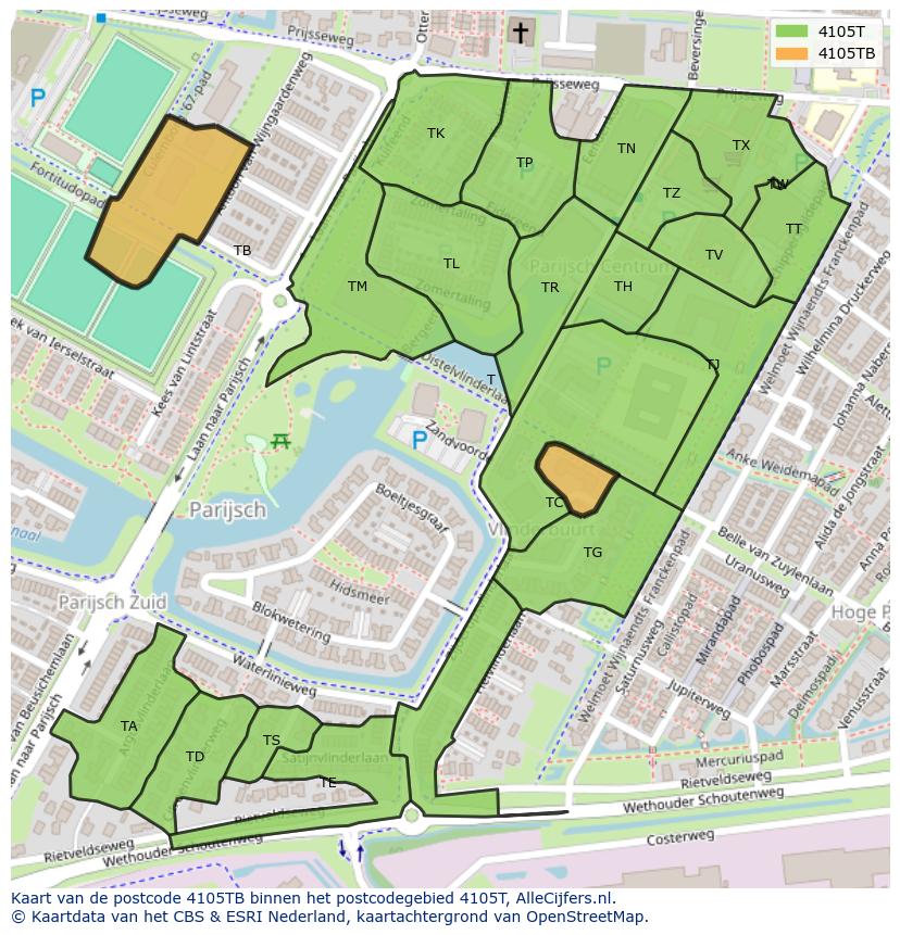 Afbeelding van het postcodegebied 4105 TB op de kaart.