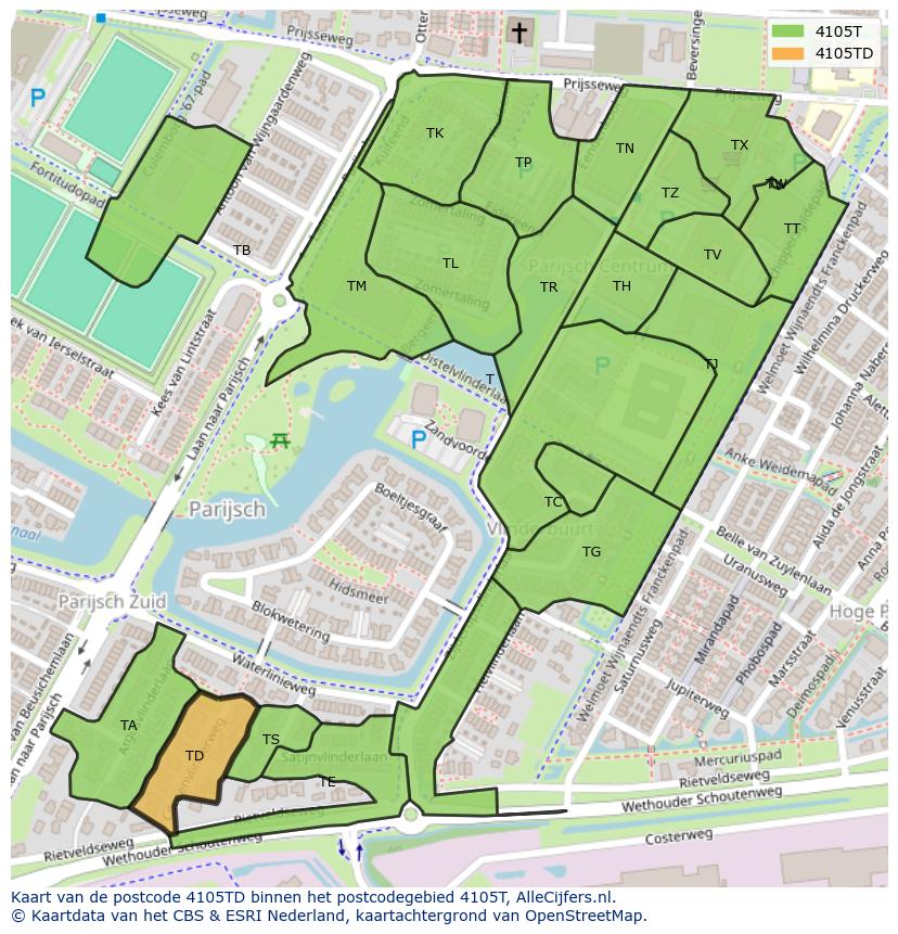 Afbeelding van het postcodegebied 4105 TD op de kaart.