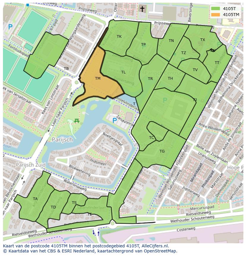 Afbeelding van het postcodegebied 4105 TM op de kaart.