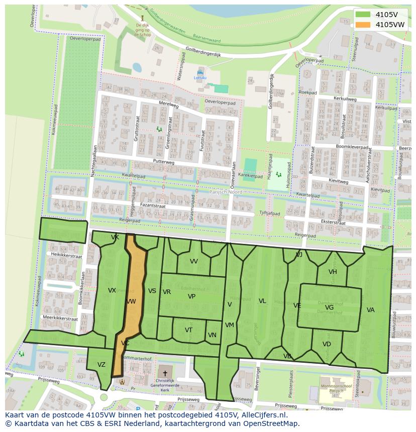 Afbeelding van het postcodegebied 4105 VW op de kaart.