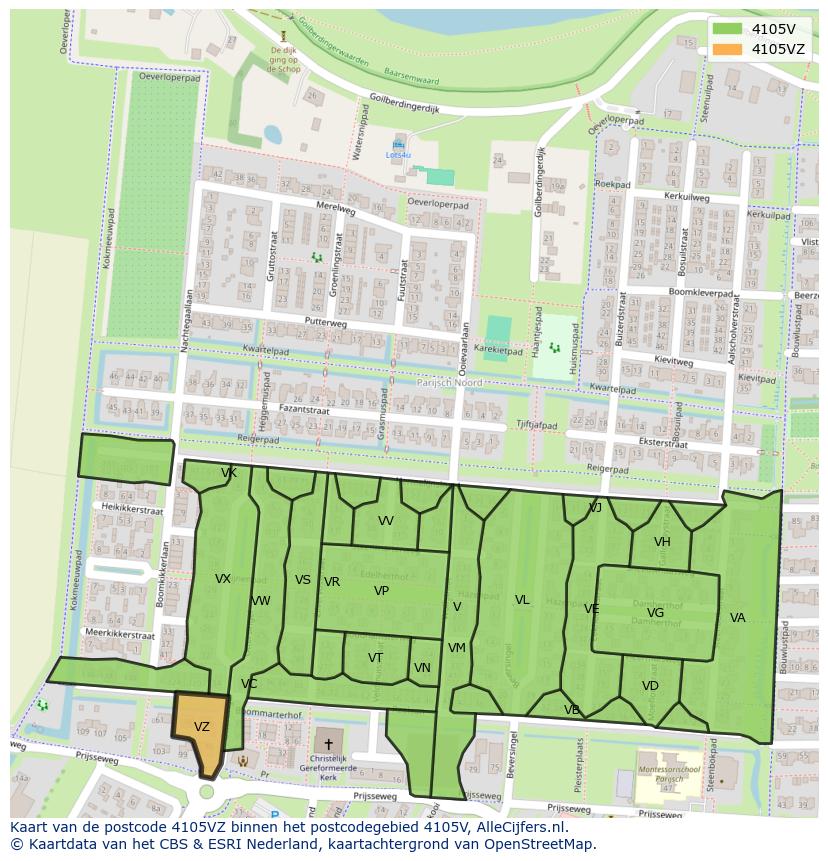 Afbeelding van het postcodegebied 4105 VZ op de kaart.