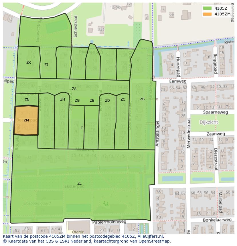 Afbeelding van het postcodegebied 4105 ZM op de kaart.