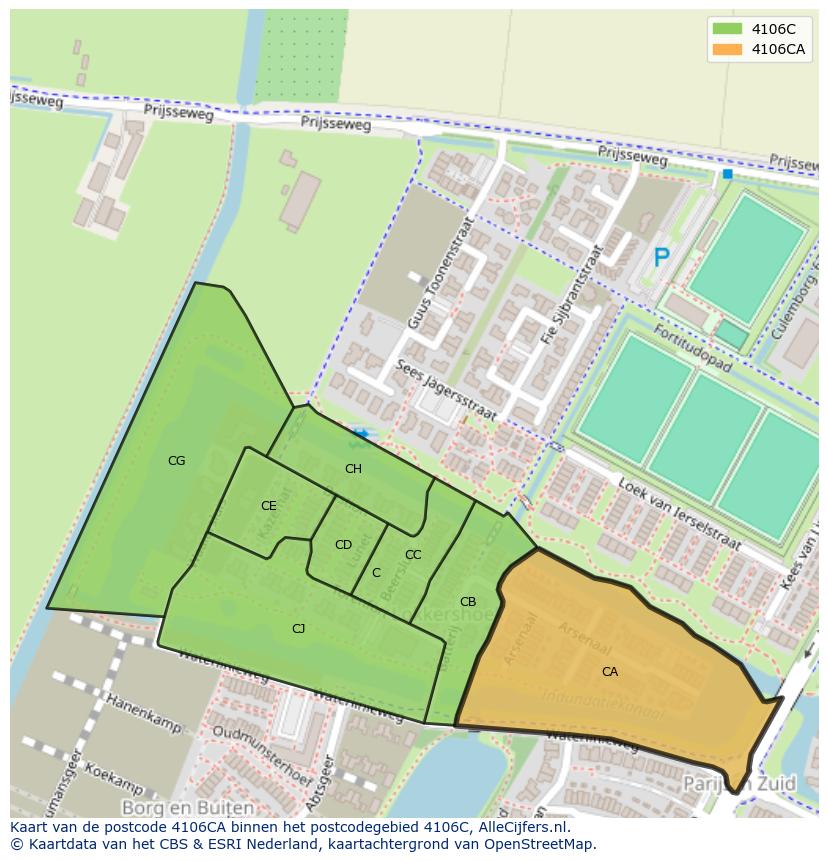 Afbeelding van het postcodegebied 4106 CA op de kaart.