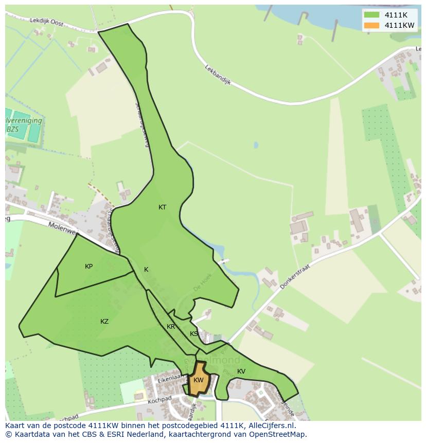 Afbeelding van het postcodegebied 4111 KW op de kaart.