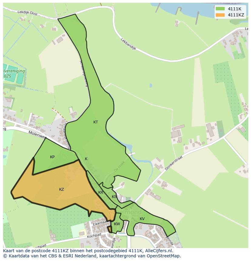 Afbeelding van het postcodegebied 4111 KZ op de kaart.