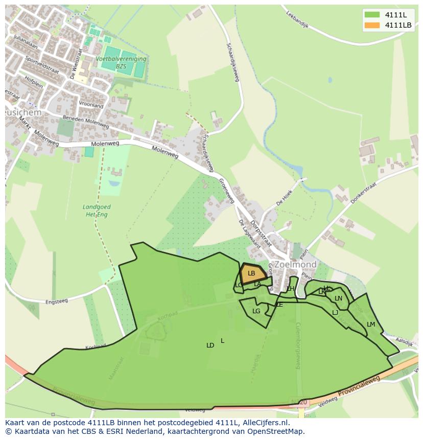 Afbeelding van het postcodegebied 4111 LB op de kaart.