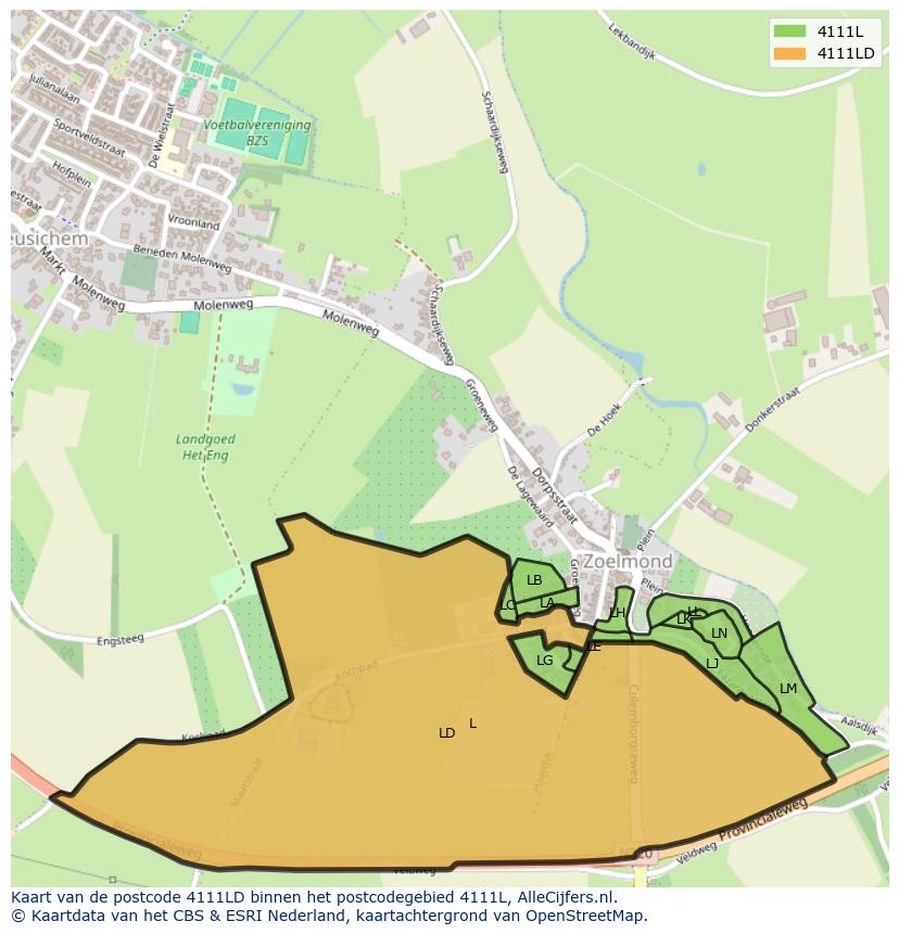 Afbeelding van het postcodegebied 4111 LD op de kaart.