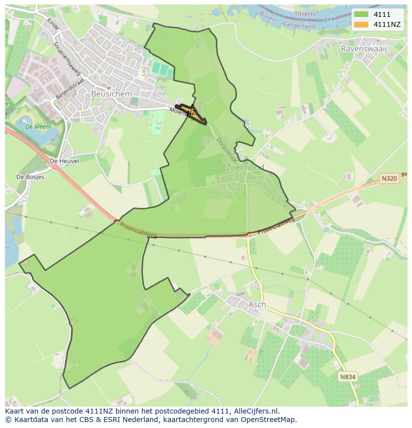 Afbeelding van het postcodegebied 4111 NZ op de kaart.