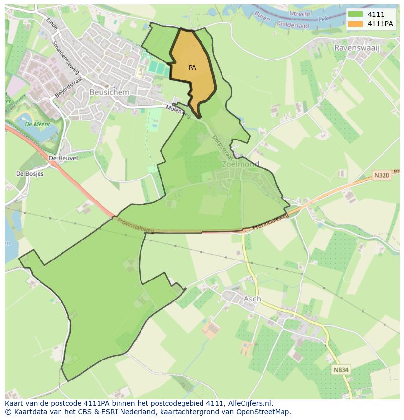 Afbeelding van het postcodegebied 4111 PA op de kaart.