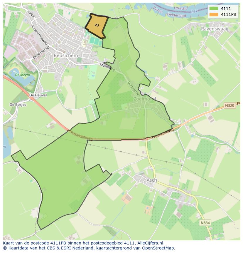 Afbeelding van het postcodegebied 4111 PB op de kaart.