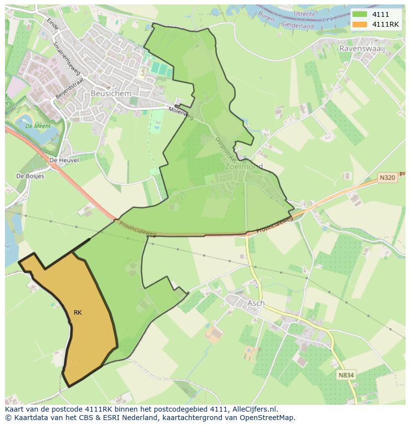Afbeelding van het postcodegebied 4111 RK op de kaart.