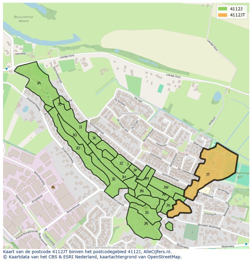 Afbeelding van het postcodegebied 4112 JT op de kaart.