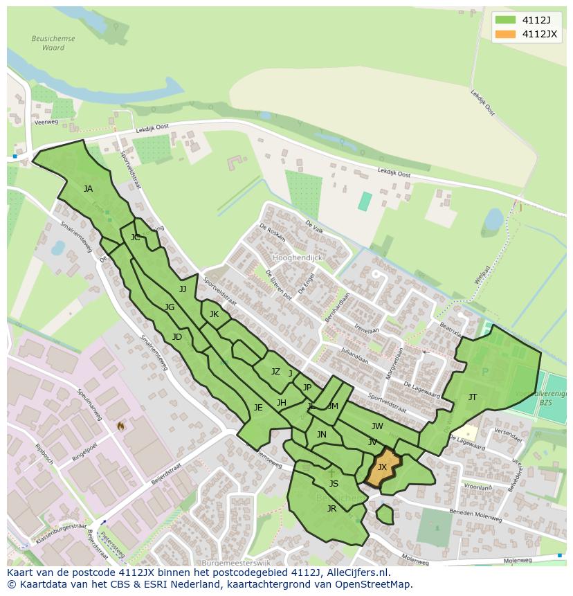 Afbeelding van het postcodegebied 4112 JX op de kaart.