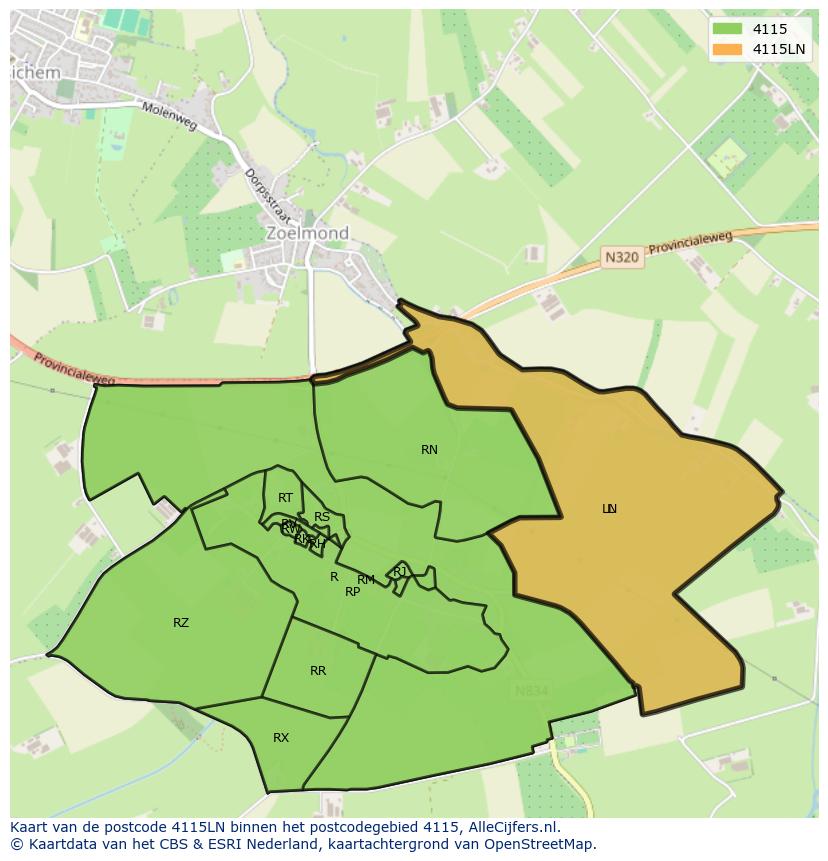 Afbeelding van het postcodegebied 4115 LN op de kaart.