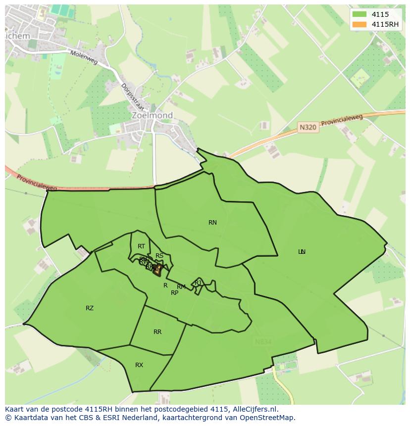 Afbeelding van het postcodegebied 4115 RH op de kaart.