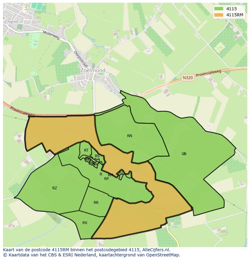 Afbeelding van het postcodegebied 4115 RM op de kaart.