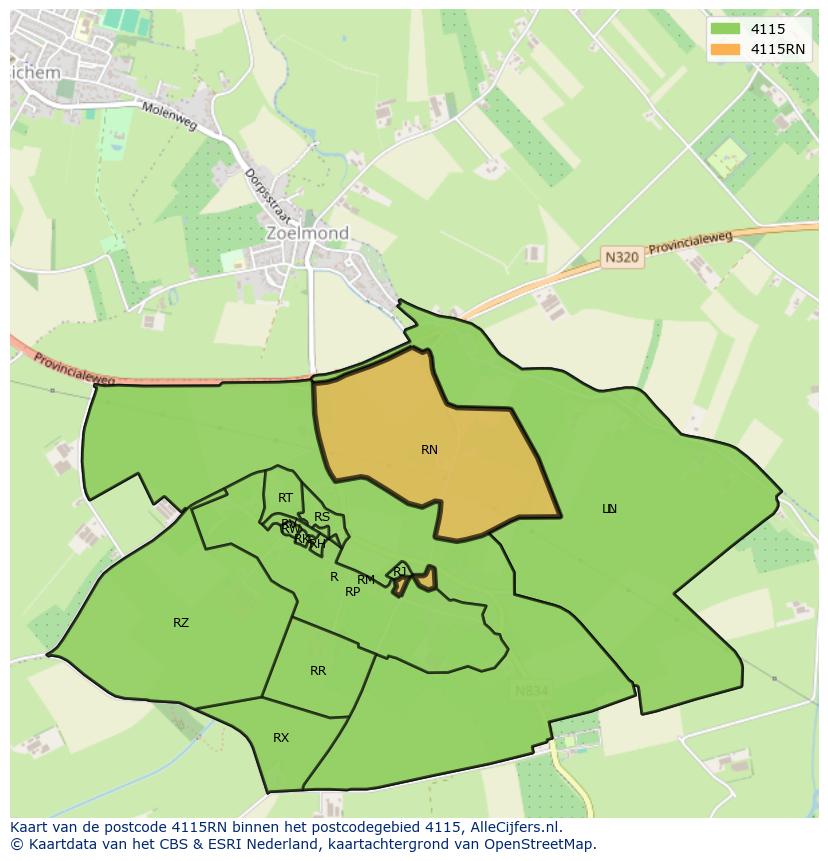 Afbeelding van het postcodegebied 4115 RN op de kaart.