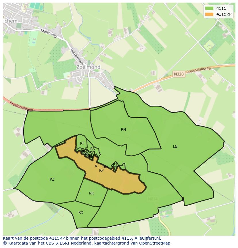Afbeelding van het postcodegebied 4115 RP op de kaart.