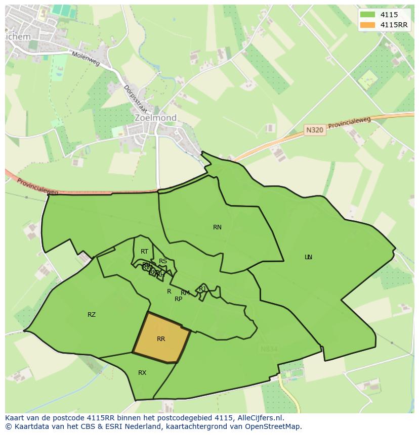 Afbeelding van het postcodegebied 4115 RR op de kaart.