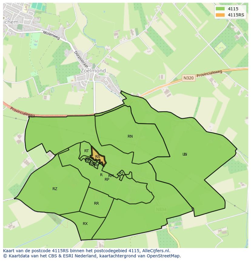 Afbeelding van het postcodegebied 4115 RS op de kaart.