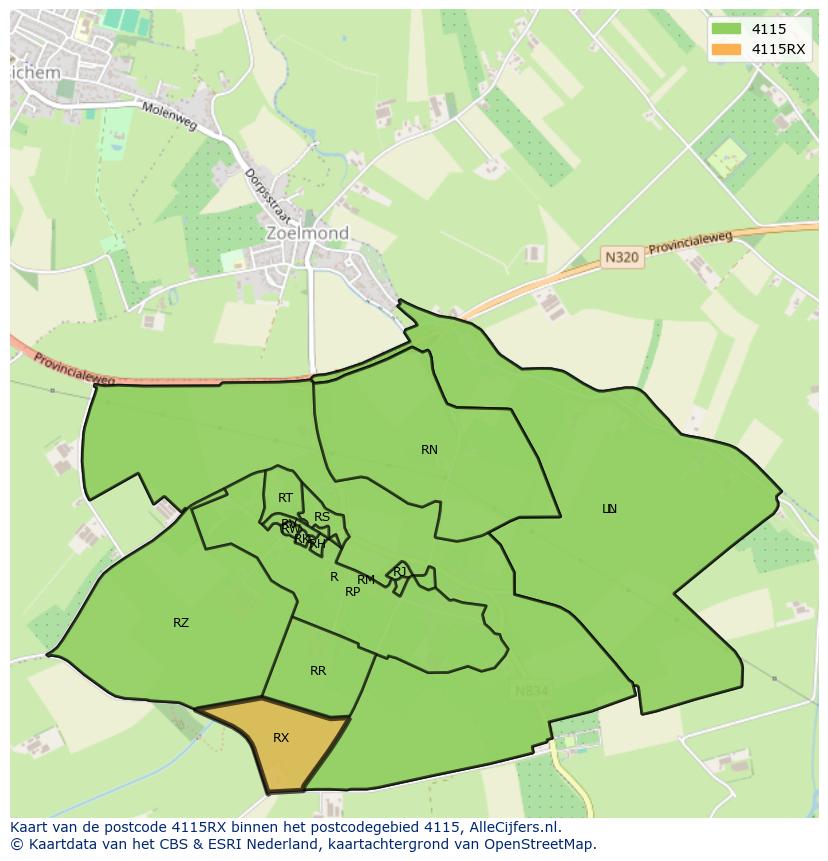 Afbeelding van het postcodegebied 4115 RX op de kaart.