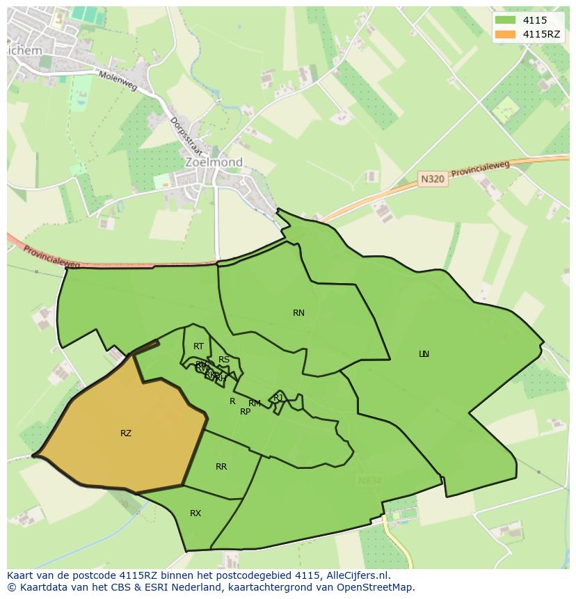 Afbeelding van het postcodegebied 4115 RZ op de kaart.