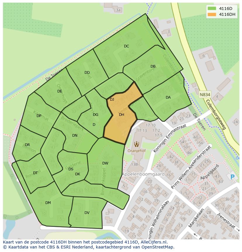 Afbeelding van het postcodegebied 4116 DH op de kaart.