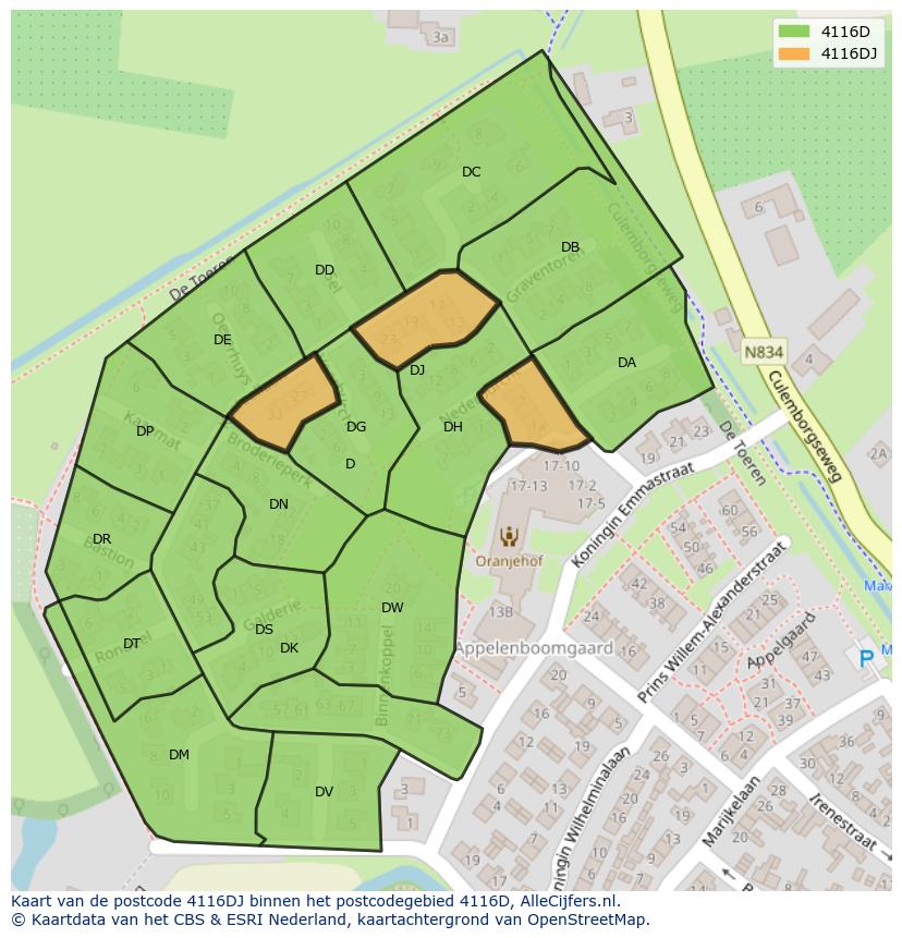 Afbeelding van het postcodegebied 4116 DJ op de kaart.