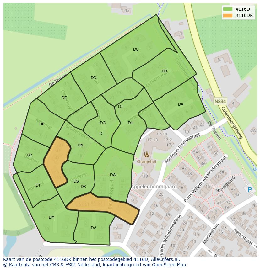 Afbeelding van het postcodegebied 4116 DK op de kaart.