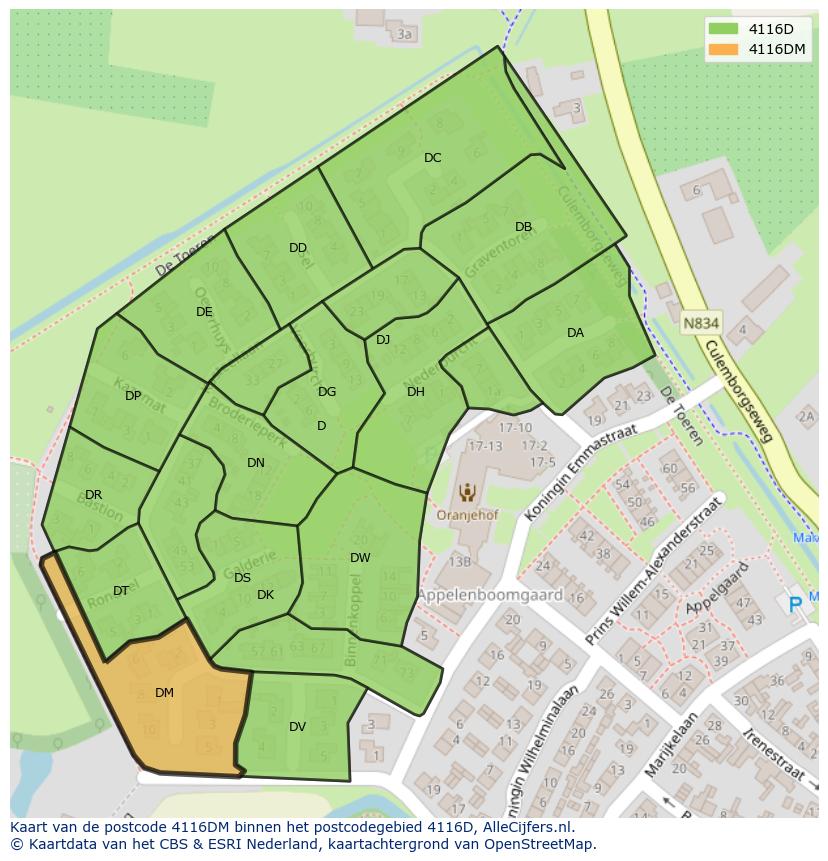 Afbeelding van het postcodegebied 4116 DM op de kaart.