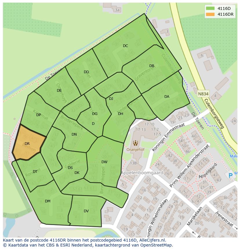 Afbeelding van het postcodegebied 4116 DR op de kaart.