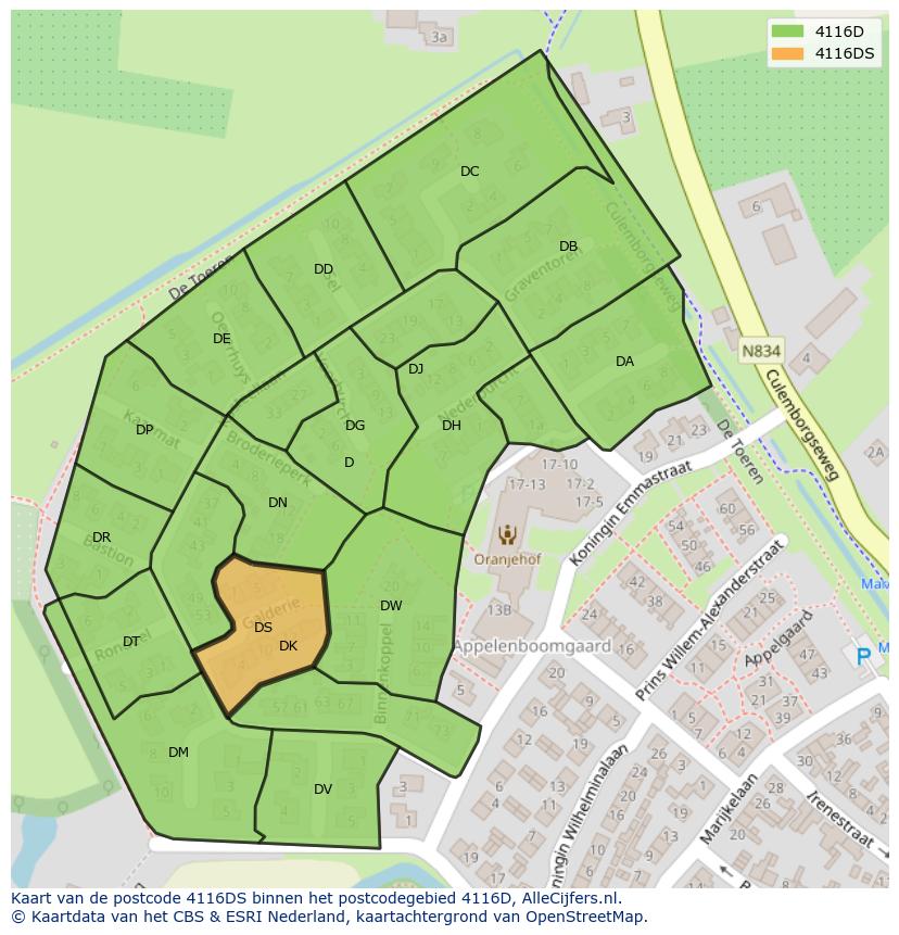 Afbeelding van het postcodegebied 4116 DS op de kaart.