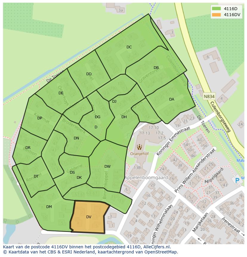 Afbeelding van het postcodegebied 4116 DV op de kaart.